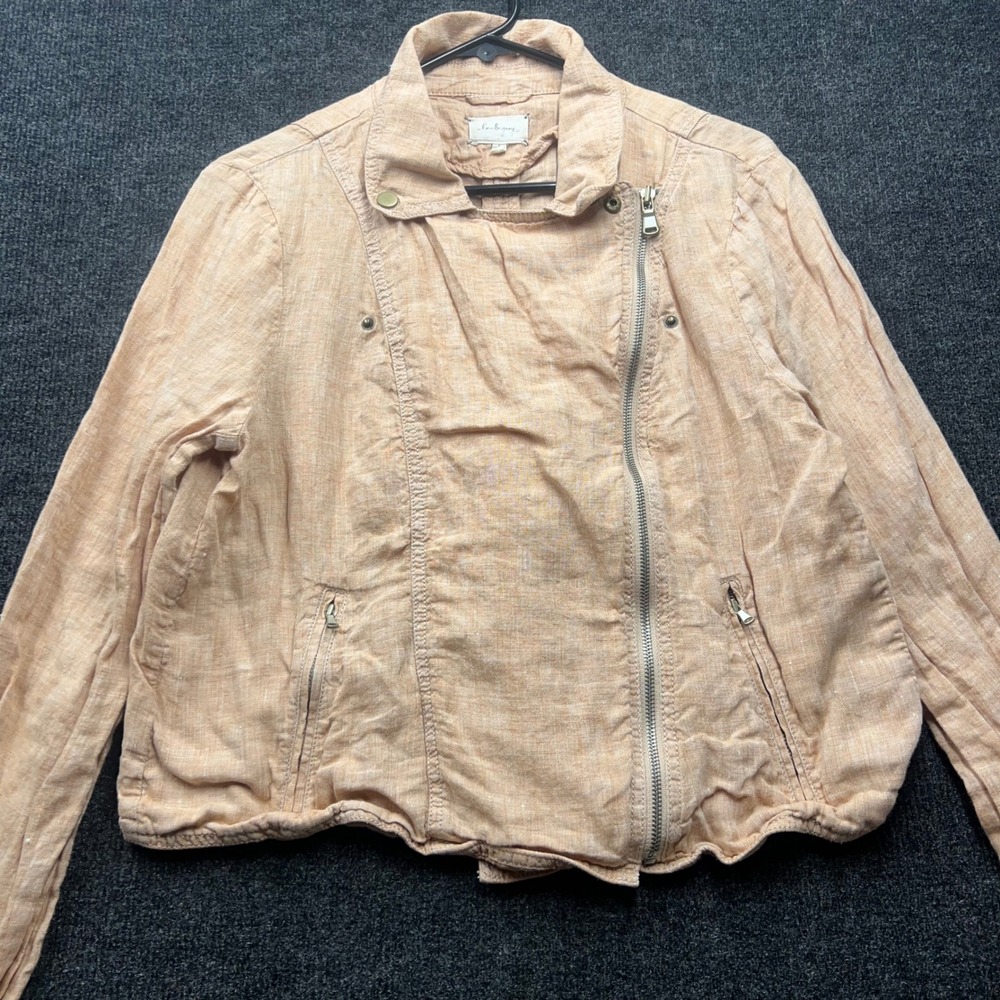 Lou & Grey Womens Large Peach 100% Linen Asymmetric Zip Moto Jacket L 2606